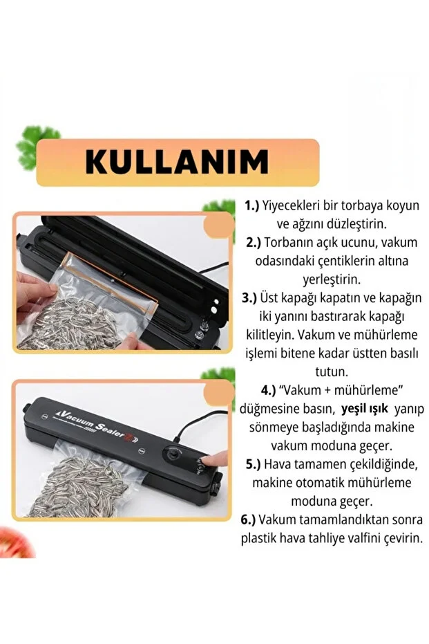 Gıda Mühürleme Vakum Makinesi- Yiyecek Tazeliği Koruma Ev Ve Restoran- 10 Adet Poşet Hediyeli